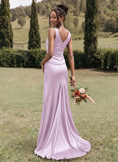 Simple Ruched V-Neck Silk Like Satin Bridesmaid Dresses With High Split
