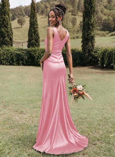 Simple Ruched V-Neck Silk Like Satin Bridesmaid Dresses With High Split