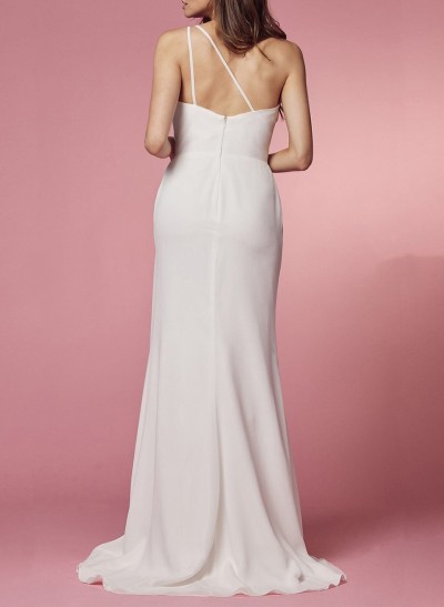 Simple One-Shoulder Sweep Train Chiffon Bridesmaid Dresses With High Split