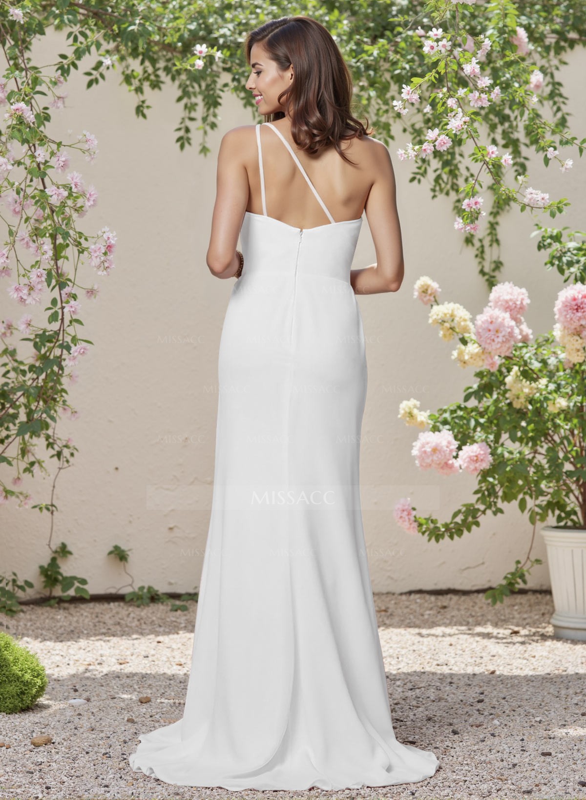 Simple One-Shoulder Sweep Train Chiffon Bridesmaid Dresses With High Split