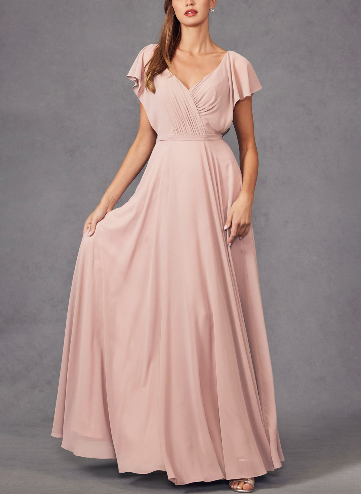 A-Line V-Neck Short Sleeves Floor-Length Chiffon(Non-Stretch) BRIDESMAID With Ruffle