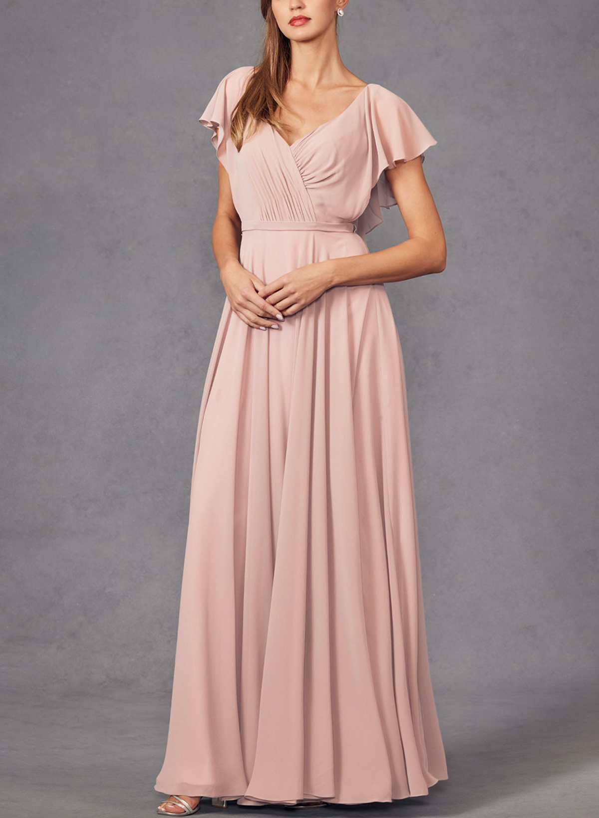 A-Line V-Neck Short Sleeves Floor-Length Chiffon(Non-Stretch) BRIDESMAID With Ruffle