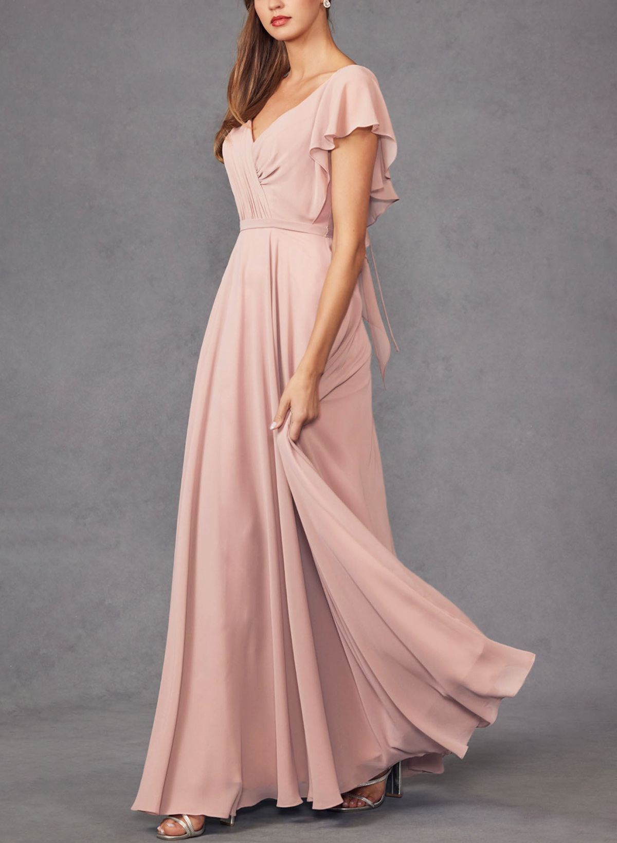 A-Line V-Neck Short Sleeves Floor-Length Chiffon(Non-Stretch) BRIDESMAID With Ruffle