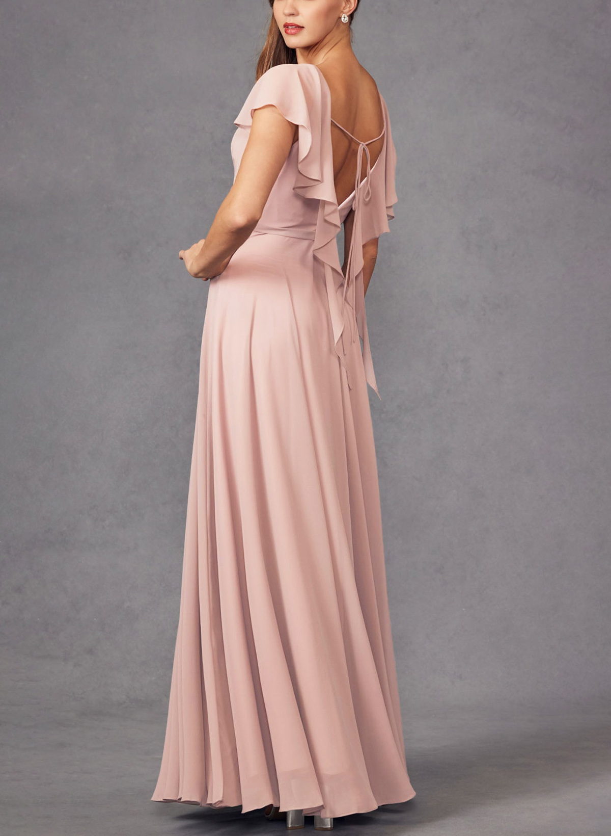 A-Line V-Neck Short Sleeves Floor-Length Chiffon(Non-Stretch) BRIDESMAID With Ruffle