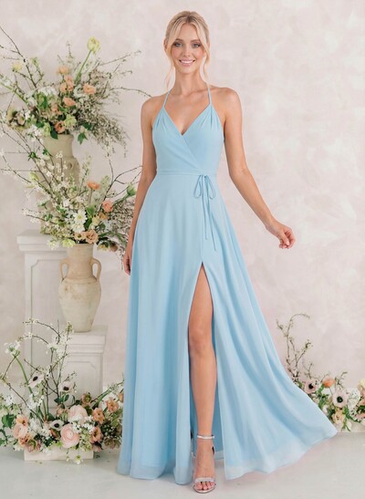 Classic V-Neck Back Hole High Split A-Line Floor-Length Chiffon Bridesmaid Dresses