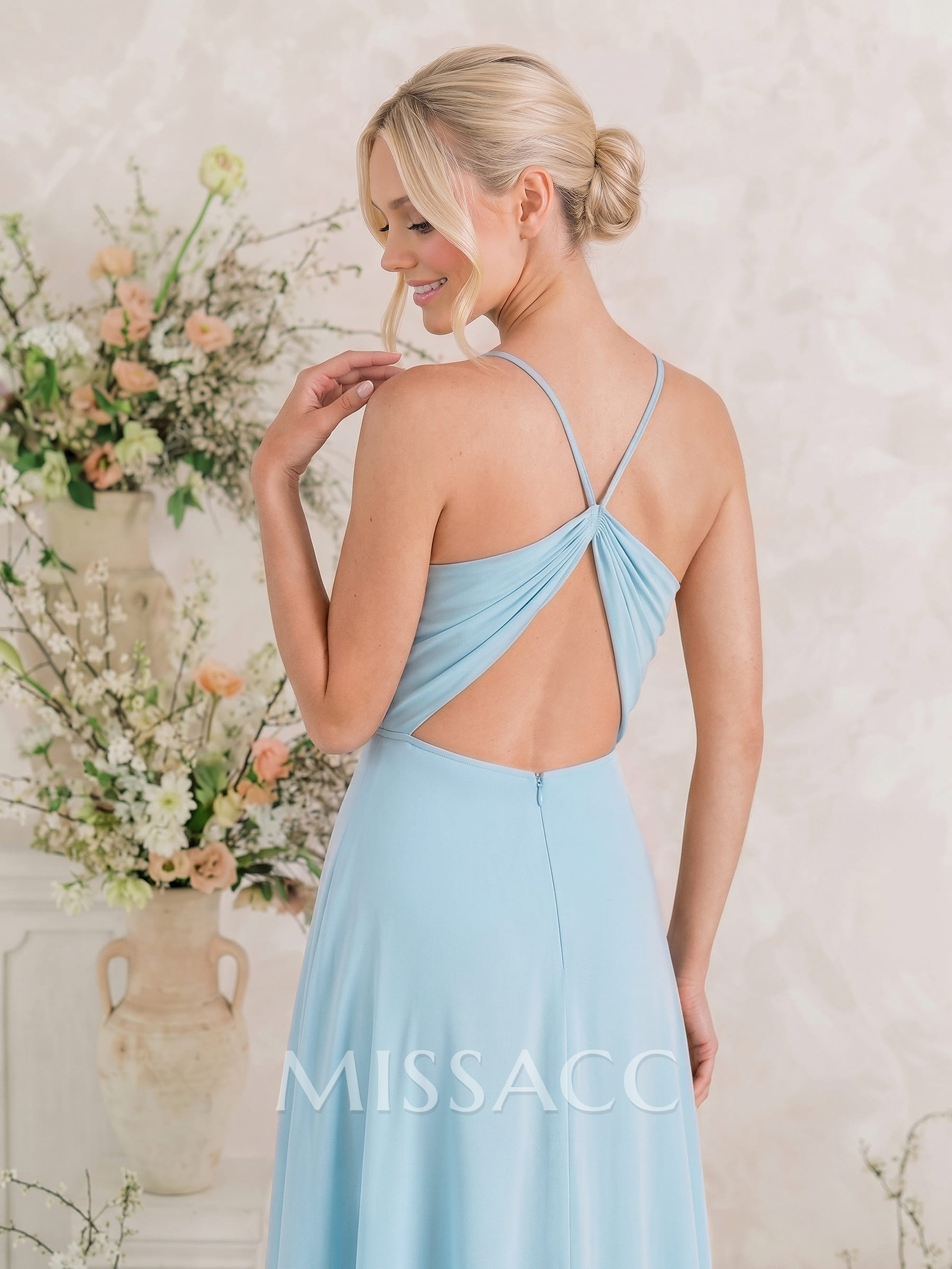 Classic V-Neck Back Hole High Split A-Line Floor-Length Chiffon Bridesmaid Dresses
