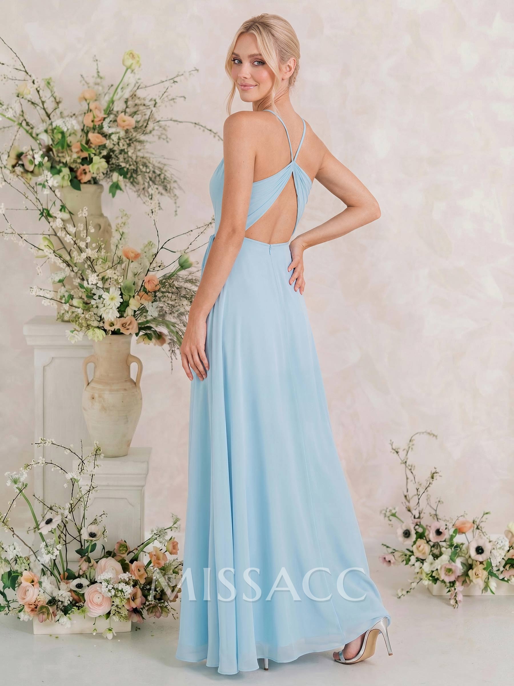 Classic V-Neck Back Hole High Split A-Line Floor-Length Chiffon Bridesmaid Dresses