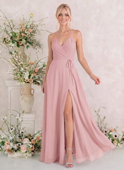 Classic V-Neck Back Hole High Split A-Line Floor-Length Chiffon Bridesmaid Dresses