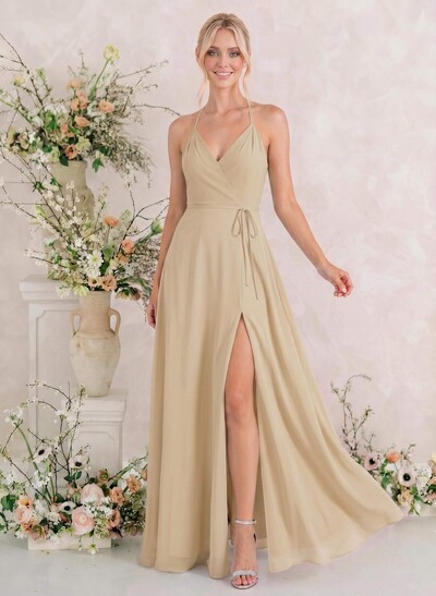 Classic V-Neck Back Hole High Split A-Line Floor-Length Chiffon Bridesmaid Dresses
