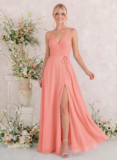 Classic V-Neck Back Hole High Split A-Line Floor-Length Chiffon Bridesmaid Dresses