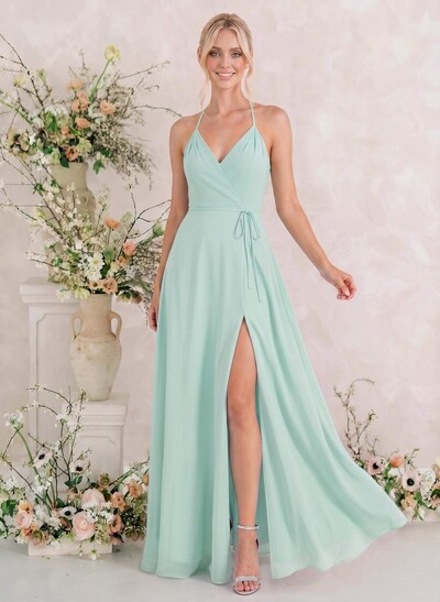 Classic V-Neck Back Hole High Split A-Line Floor-Length Chiffon Bridesmaid Dresses