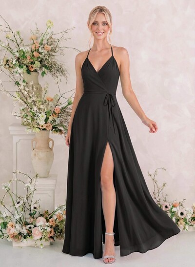 Classic V-Neck Back Hole High Split A-Line Floor-Length Chiffon Bridesmaid Dresses