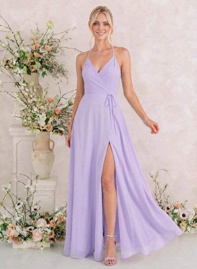Classic V-Neck Back Hole High Split A-Line Floor-Length Chiffon Bridesmaid Dresses