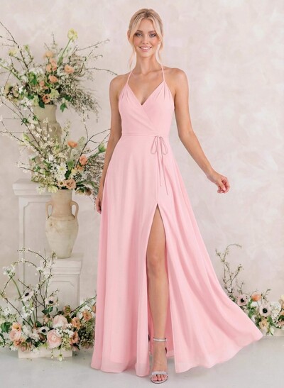 Classic V-Neck Back Hole High Split A-Line Floor-Length Chiffon Bridesmaid Dresses