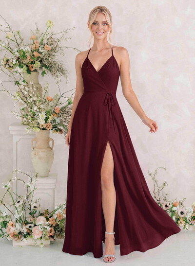 Classic V-Neck Back Hole High Split A-Line Floor-Length Chiffon Bridesmaid Dresses