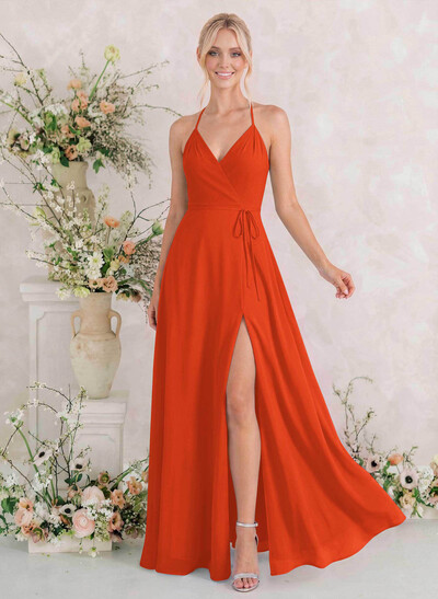 Classic V-Neck Back Hole High Split A-Line Floor-Length Chiffon Bridesmaid Dresses