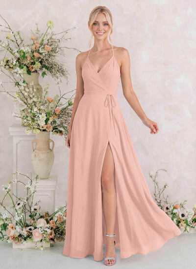 Classic V-Neck Back Hole High Split A-Line Floor-Length Chiffon Bridesmaid Dresses