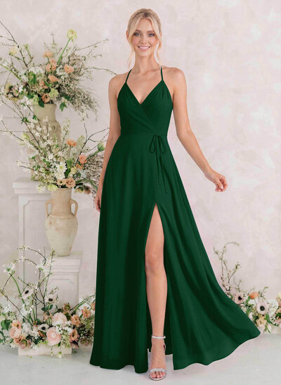 Classic V-Neck Back Hole High Split A-Line Floor-Length Chiffon Bridesmaid Dresses