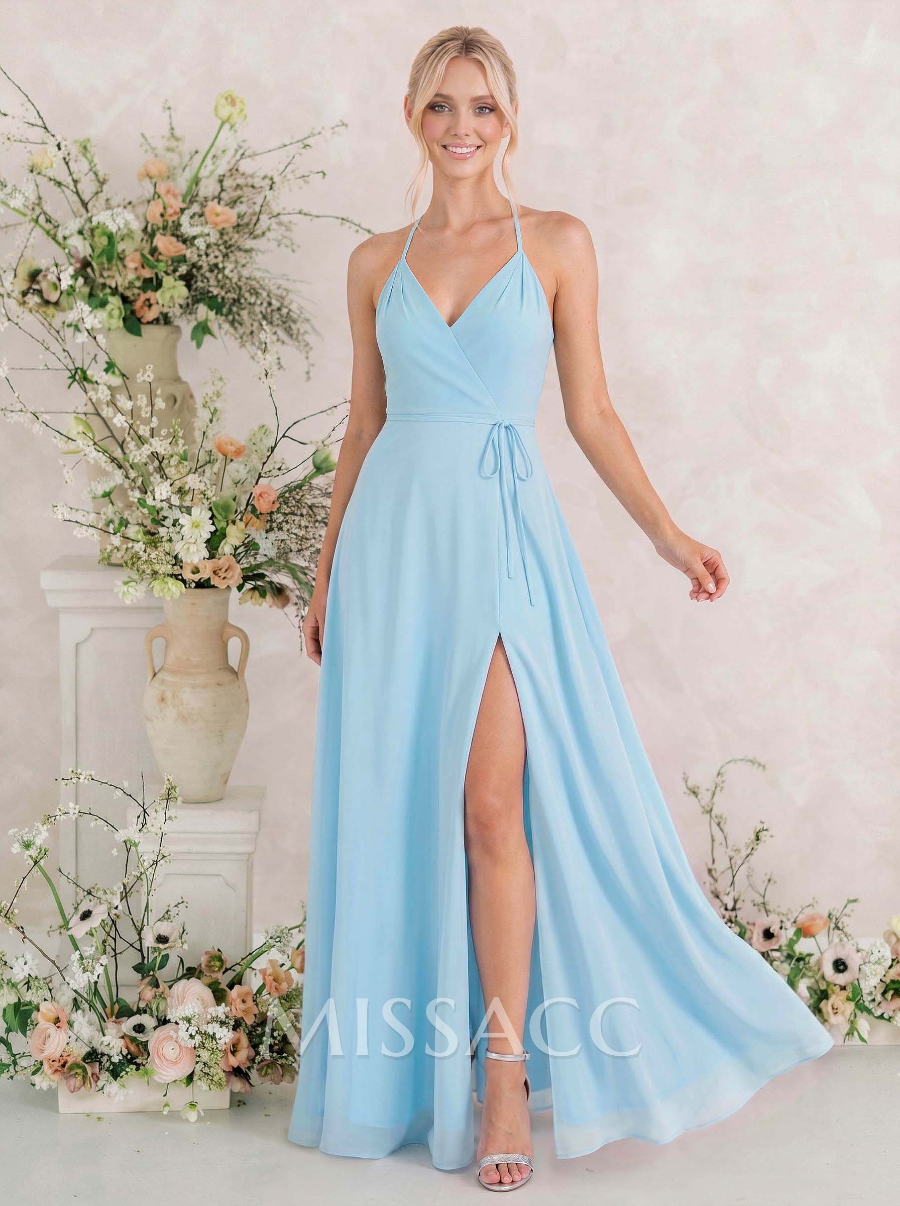 Classic V-Neck Back Hole High Split A-Line Floor-Length Chiffon Bridesmaid Dresses Classic V-Neck Back Hole High Split A-Line Floor-Length Chiffon Bridesmaid Dresses