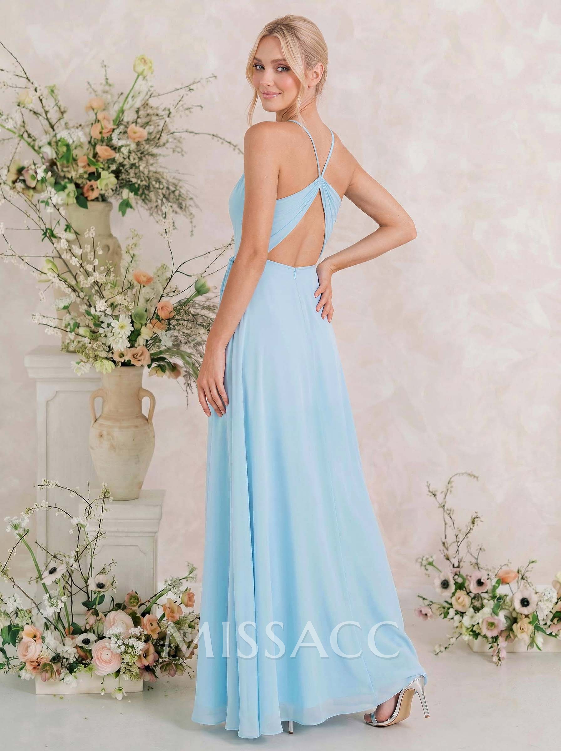 Classic V-Neck Back Hole High Split A-Line Floor-Length Chiffon Bridesmaid Dresses Classic V-Neck Back Hole High Split A-Line Floor-Length Chiffon Bridesmaid Dresses