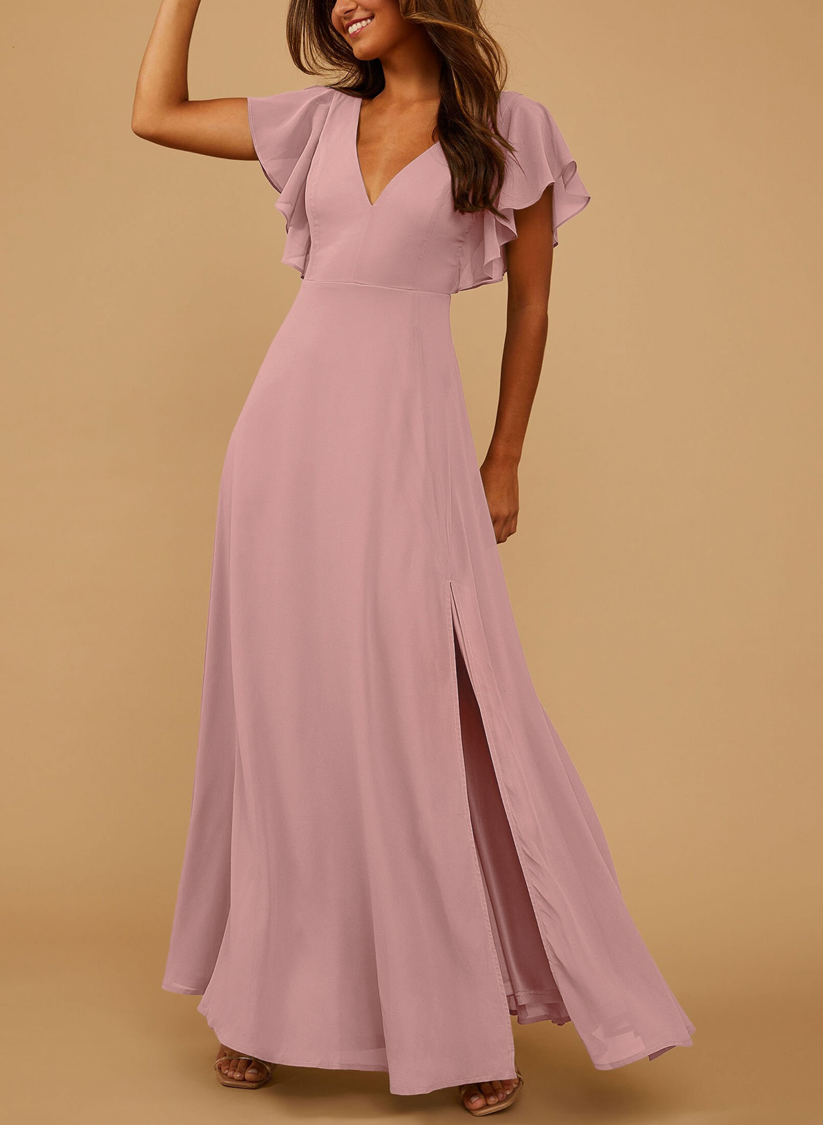 Elegant V-Neck Ruffle Short Sleeves High Split A-Line Chiffon Bridesmaid Dresses