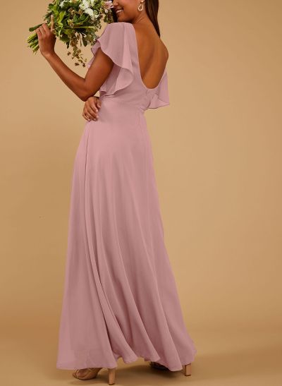 Elegant V-Neck Ruffle Short Sleeves High Split A-Line Chiffon Bridesmaid Dresses