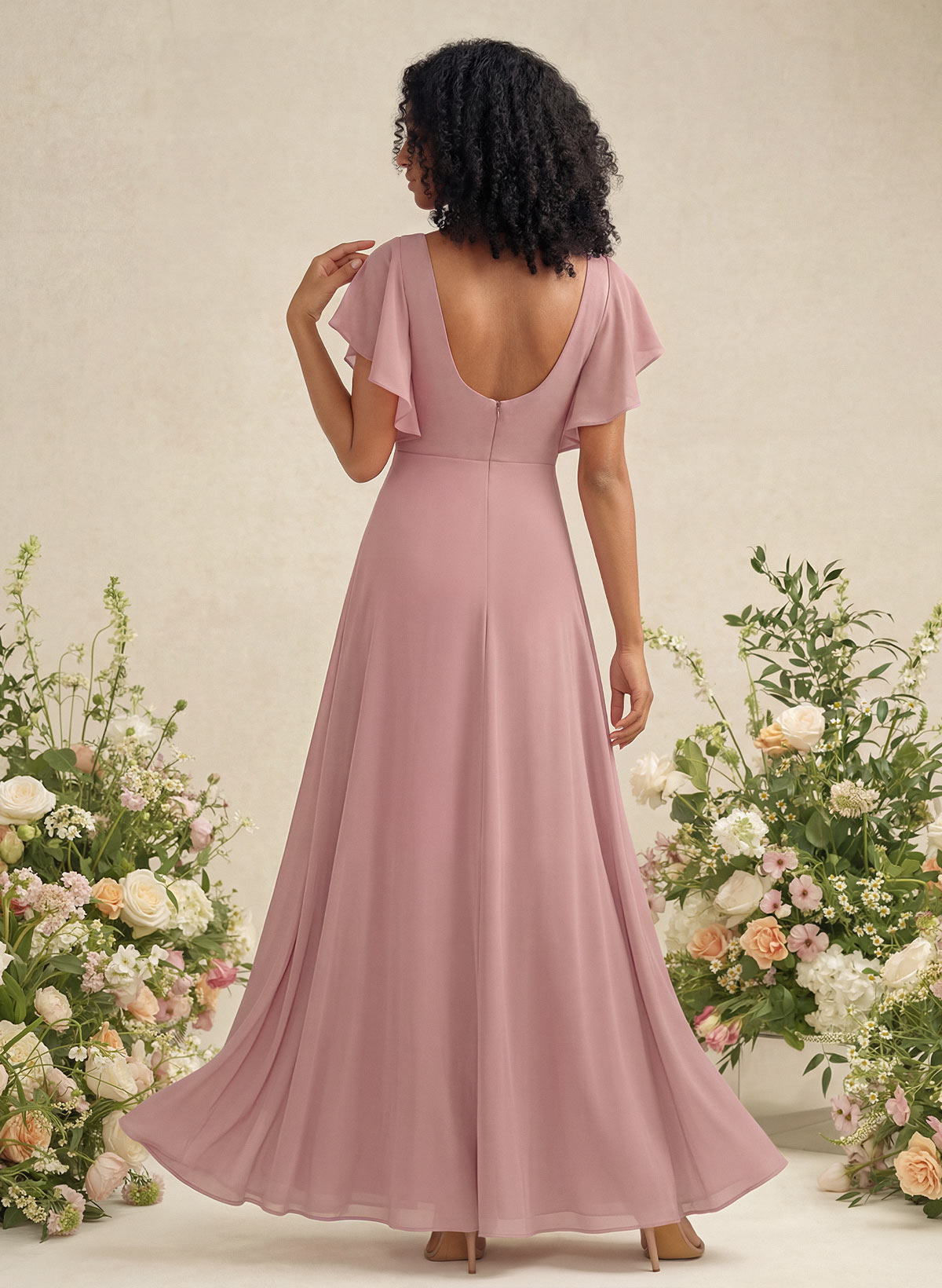 Elegant V-Neck Ruffle Short Sleeves High Split A-Line Chiffon Bridesmaid Dresses