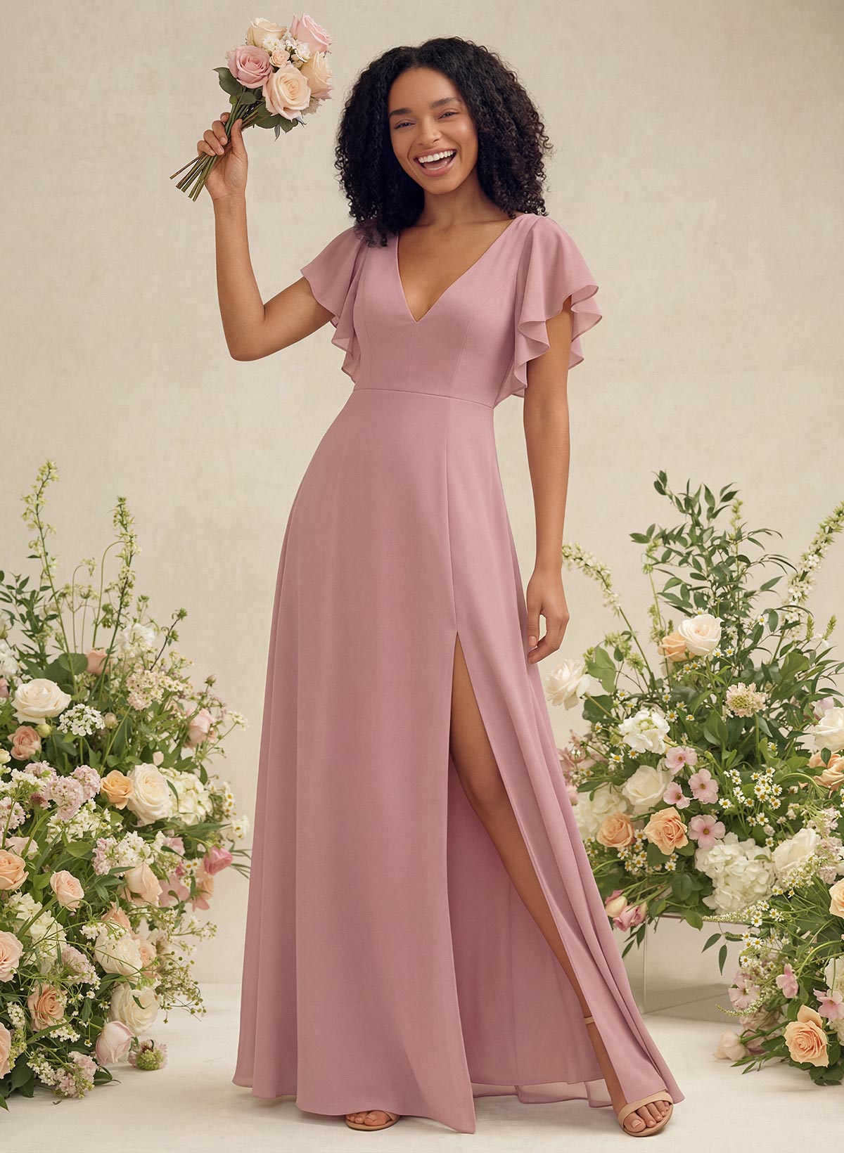 Elegant V-Neck Ruffle Short Sleeves High Split A-Line Chiffon Bridesmaid Dresses