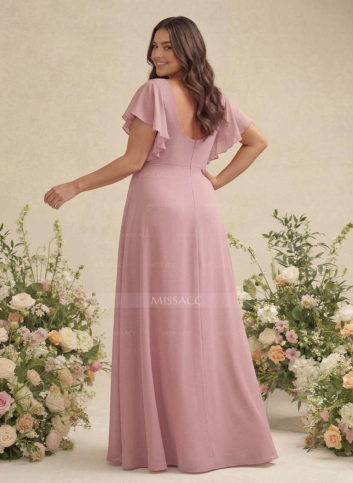 Elegant V-Neck Ruffle Short Sleeves High Split A-Line Chiffon Bridesmaid Dresses