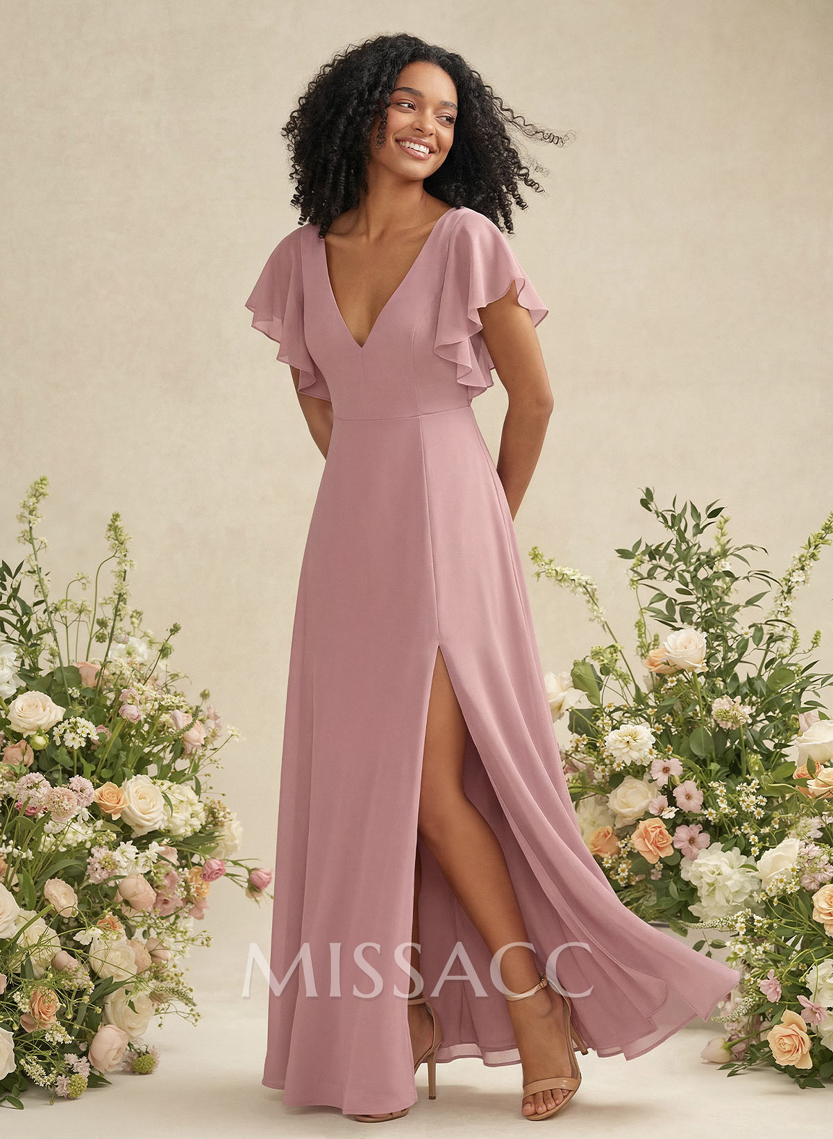 Elegant V-Neck Ruffle Short Sleeves High Split A-Line Chiffon Bridesmaid Dresses