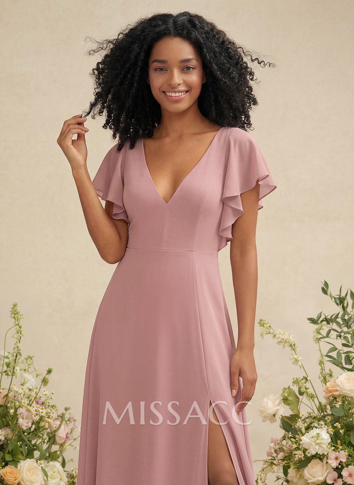 Elegant V-Neck Ruffle Short Sleeves High Split A-Line Chiffon Bridesmaid Dresses