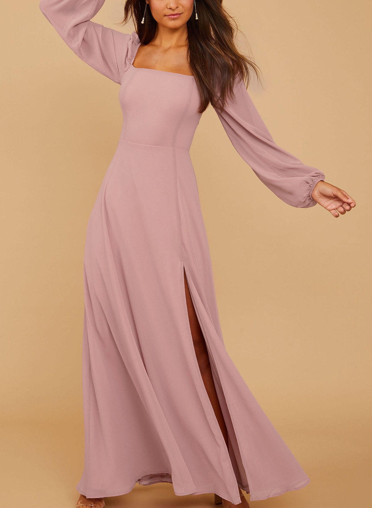 Classy Square Neckline Long Sleeves A-Line High Split Chiffon Bridesmaid Dresses