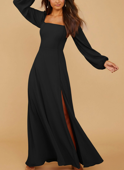 Classy Square Neckline Long Sleeves A-Line High Split Chiffon Bridesmaid Dresses