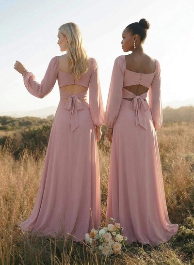 Classy Square Neckline Long Sleeves A-Line High Split Chiffon Bridesmaid Dresses