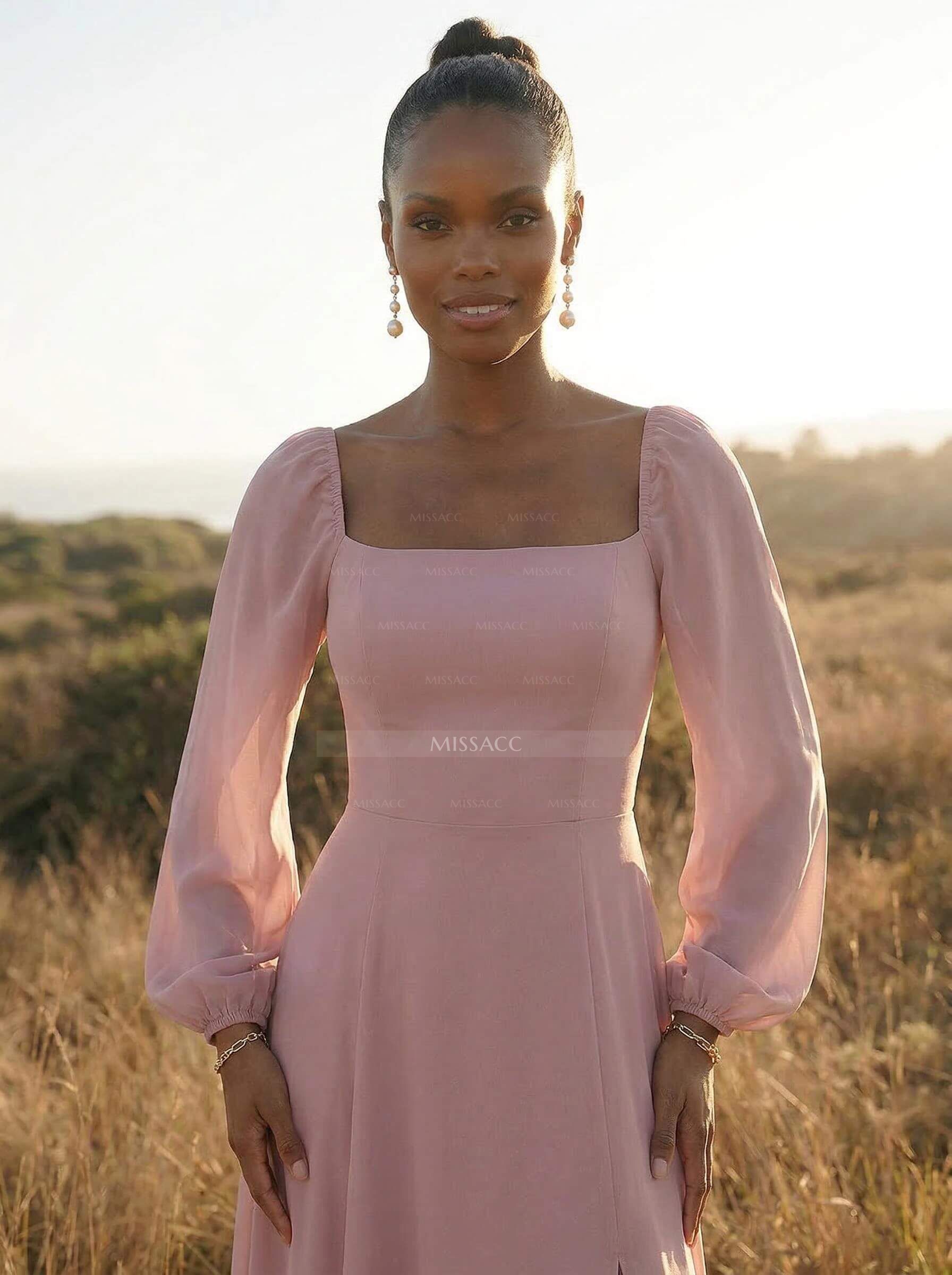 Classy Square Neckline Long Sleeves A-Line High Split Chiffon Bridesmaid Dresses