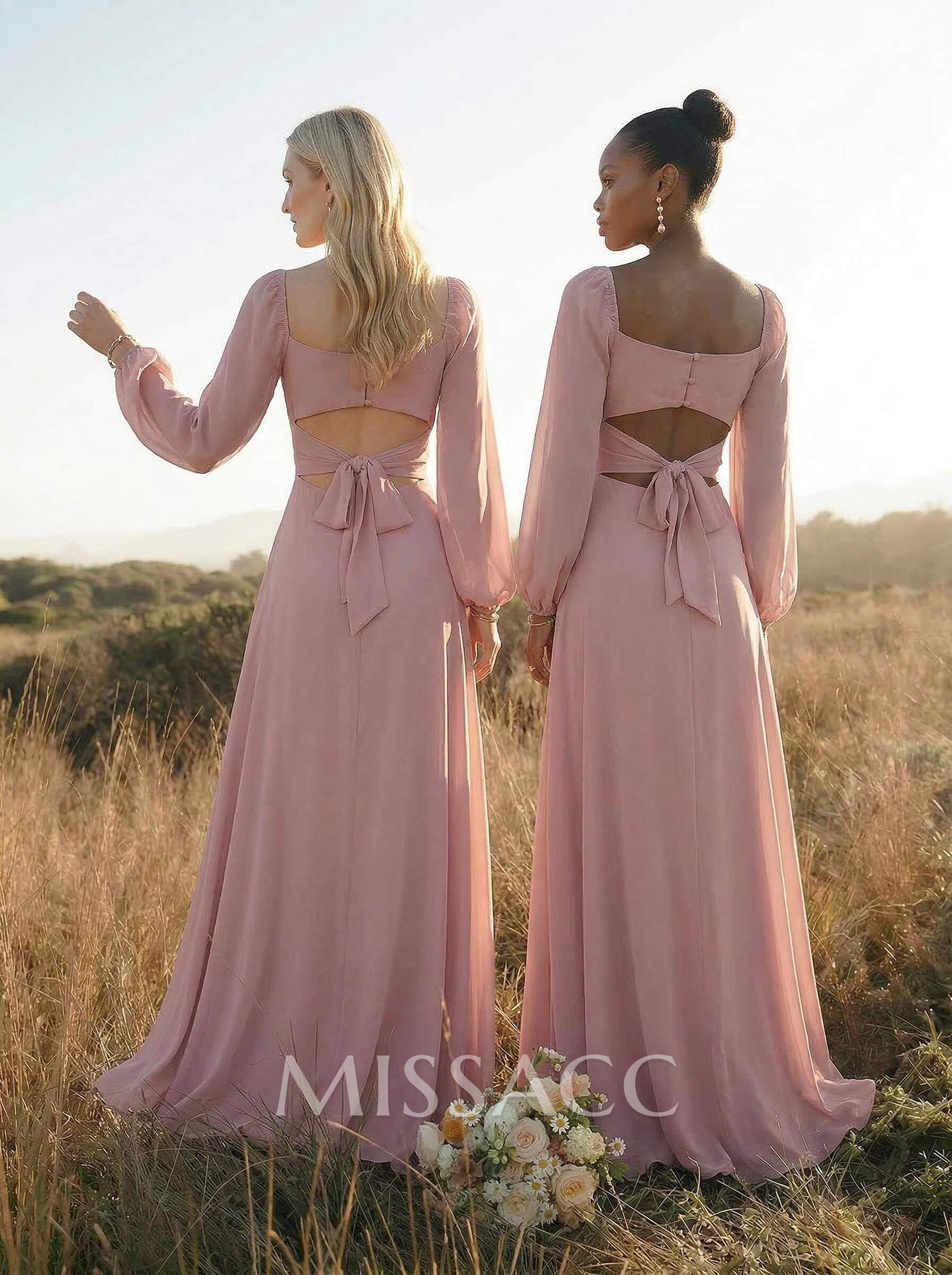 Classy Square Neckline Long Sleeves A-Line High Split Chiffon Bridesmaid Dresses