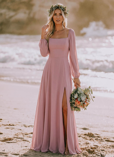 Classy Square Neckline Long Sleeves A-Line High Split Chiffon Bridesmaid Dresses