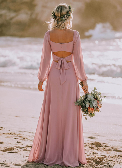 Classy Square Neckline Long Sleeves A-Line High Split Chiffon Bridesmaid Dresses