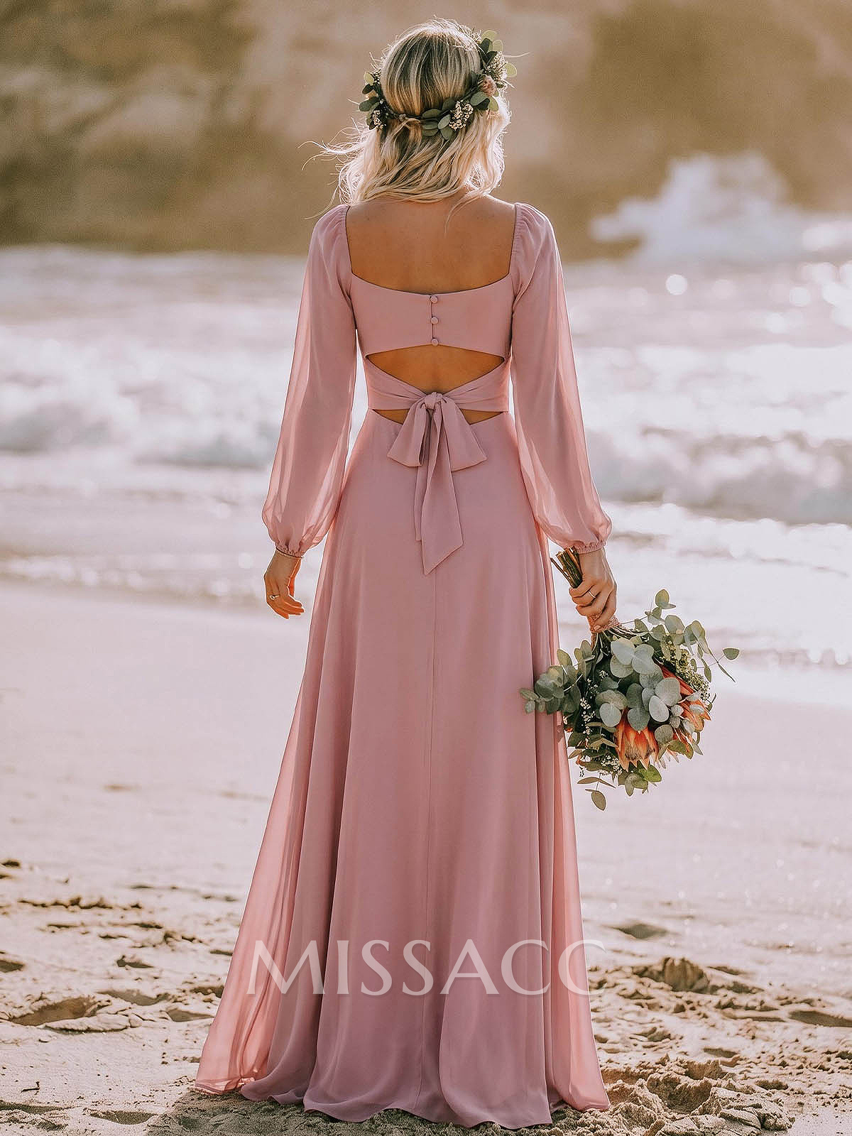 Classy Square Neckline Long Sleeves A-Line High Split Chiffon Bridesmaid Dresses