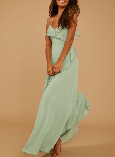 Unique V-Neck Spaghetti Straps Ruffle Floor-Length Chiffon Bridesmaid Dresses