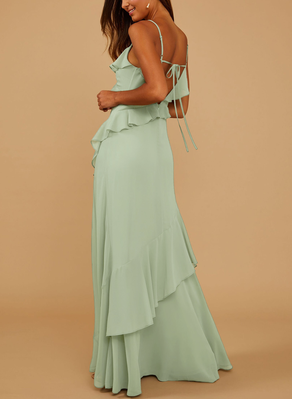 Unique V-Neck Spaghetti Straps Ruffle Floor-Length Chiffon Bridesmaid Dresses