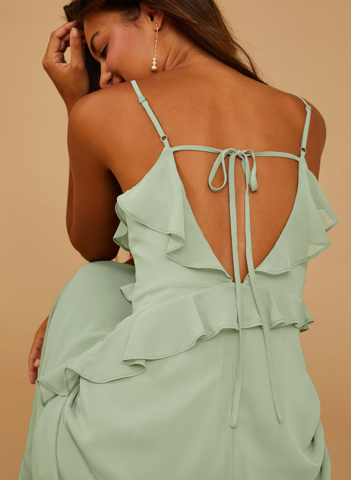 Unique V-Neck Spaghetti Straps Ruffle Floor-Length Chiffon Bridesmaid Dresses