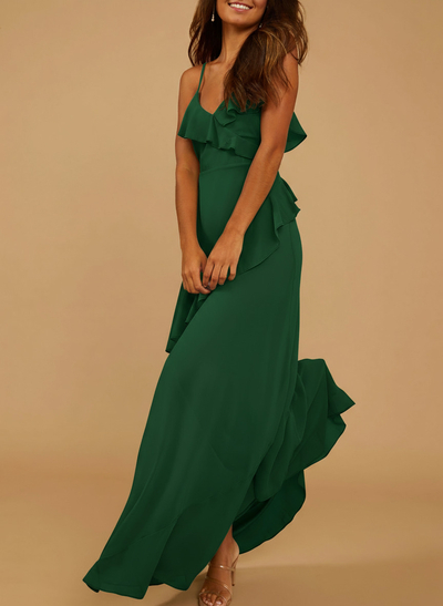 Unique V-Neck Spaghetti Straps Ruffle Floor-Length Chiffon Bridesmaid Dresses