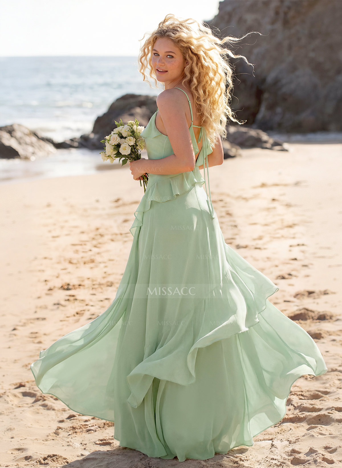 Unique V-Neck Spaghetti Straps Ruffle Floor-Length Chiffon Bridesmaid Dresses