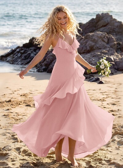 Unique V-Neck Spaghetti Straps Ruffle Floor-Length Chiffon Bridesmaid Dresses
