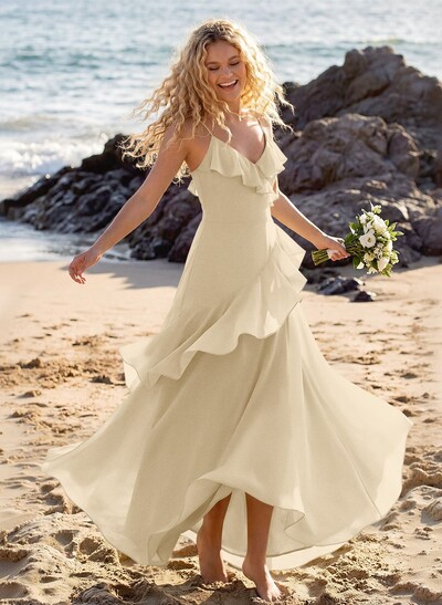 Unique V-Neck Spaghetti Straps Ruffle Floor-Length Chiffon Bridesmaid Dresses