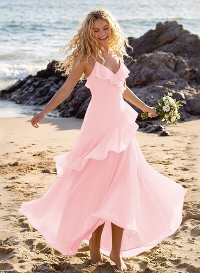 Unique V-Neck Spaghetti Straps Ruffle Floor-Length Chiffon Bridesmaid Dresses