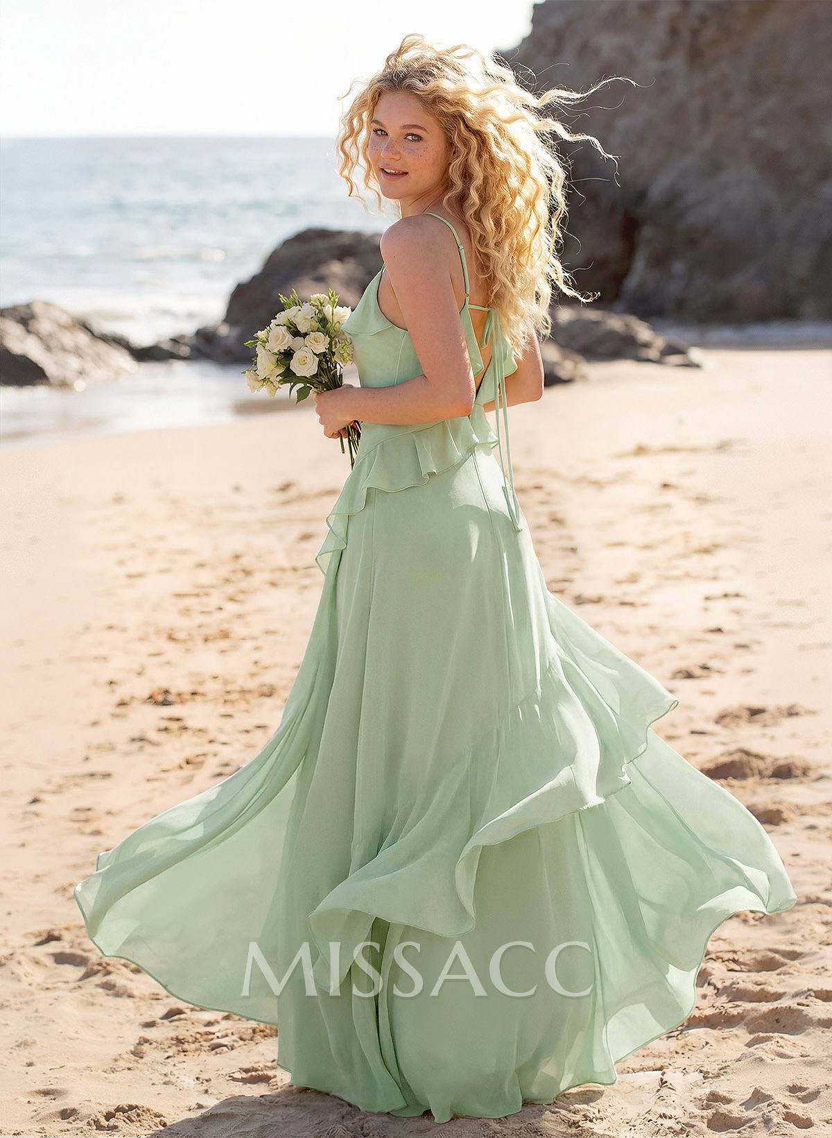 Unique V-Neck Spaghetti Straps Ruffle Floor-Length Chiffon Bridesmaid Dresses