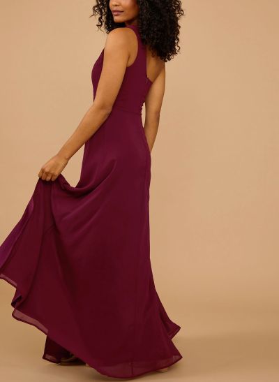 Classic One-Shoulder A-Line High Split Floor-Length Chiffon Bridesmaid Dresses