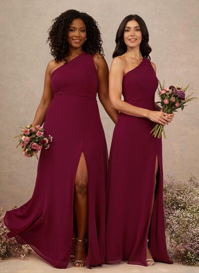 Classic One-Shoulder A-Line High Split Floor-Length Chiffon Bridesmaid Dresses